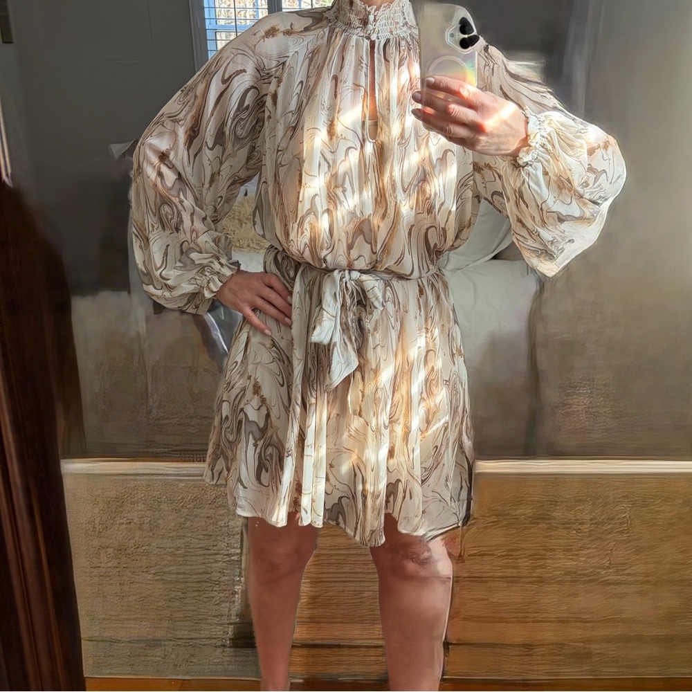 Banana Republic Cream and Tan Marble-Print Mini Dress